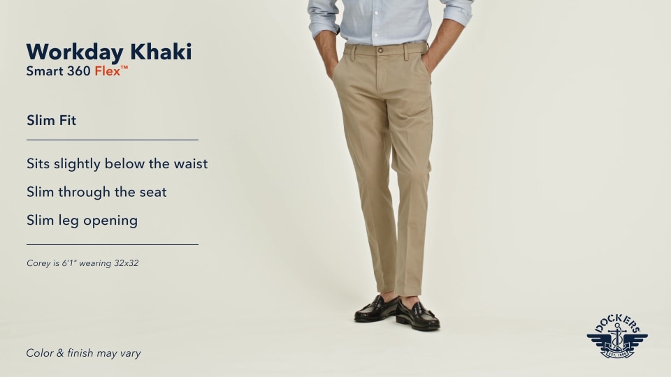 thumbnail video image 2 of Dockers Men's Slim Fit Workday Khaki Smart 360 Flex Pants D1, 2 of 5