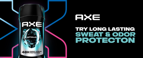 Image of Axe Apollo Stick, dark background with logo &amp; headline about sweat &amp; odor protection.