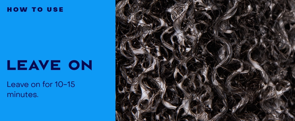 Image of wet hair covered in Repair Power Treatment close-up, next to leave-on instructions.