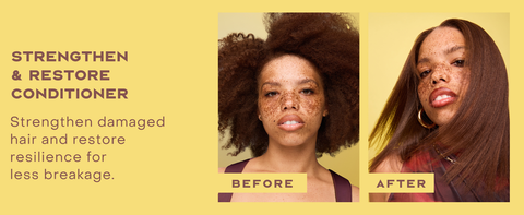 Two images of the same woman comparing her hair before and after applying our conditioner.