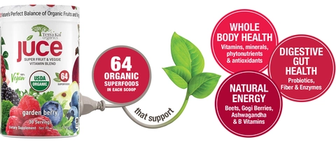 64 Organic Superfoods in each scoop that support Whole Body Health with vitamins, minerals, phytonutrients &amp; antioxidants, Digestive Gut Health with probiotics, fiber &amp; enzymes, and Natural Energy with beets, gogi berries, ashwagandha &amp; B vitamins.