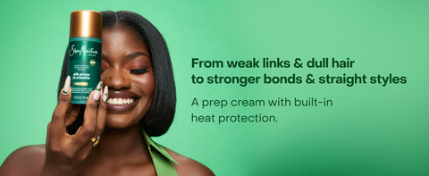Smiling woman holding SheaMoisture Prep Cream beside stronger bonds and straight styles text.