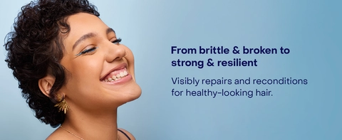 Image of a black woman with short, curly hair next to text about strong &amp; resilient hair.