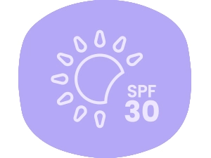 Sun icon with SPF 30 on lavendar rounded rectangle background