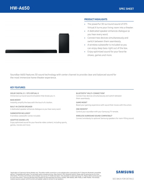 SAMSUNG HW-A650 3.1 Channel Soundbar with Wireless Subwoofer and Dolby