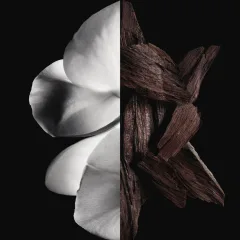 The ingredients of the fragrance consists of an image of flower and wood chips on a black background.