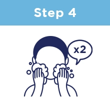 Step Four: A person massaging their face with foamy suds with a speech bubble next to their head that says, &quot;x2&quot;