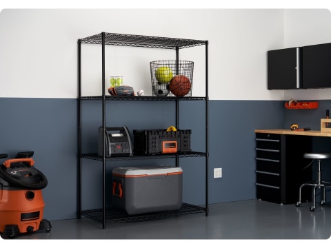 black wire shelving rack in a home garage