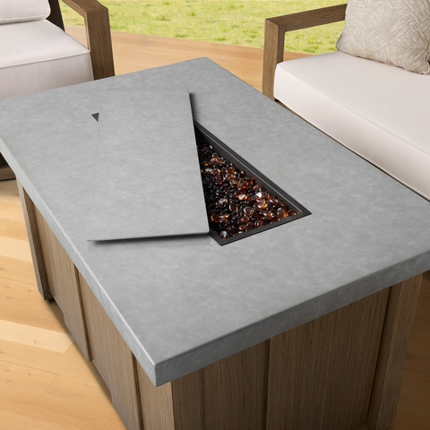 Fire table with burner cover and fire glass