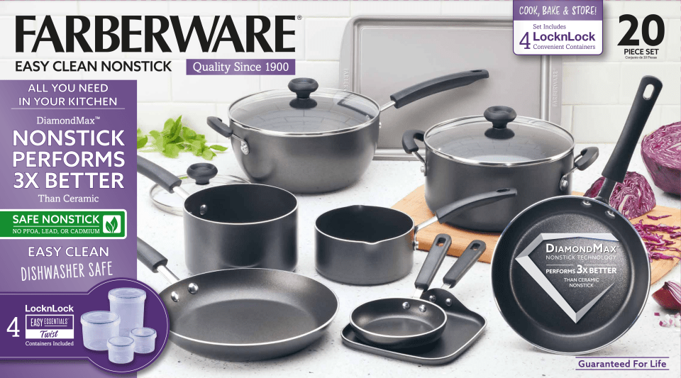 Farberware 20 PC Easy Clean Aluminum Nonstick Cookware Pots and Pans Set Gray