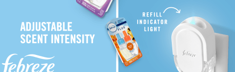 Adjustable scent intensity. Product showing refill indicator light