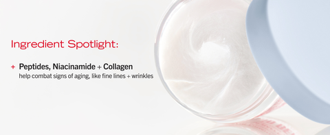Aerial view of firming cream texture with ingredient call outs for peptides, niacinamide, and collagen