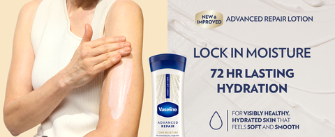 Image of a woman with Vaseline Advanced Repair Fragrance Free Body Lotion &amp; text about benefits.