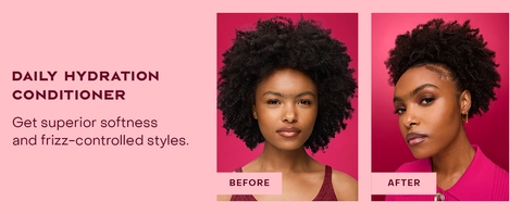 Text reads: "DAILY HYDRATION CONDITIONER. Get superior softness and frizz-controlled styles." Before and after images on vibrant pink background.