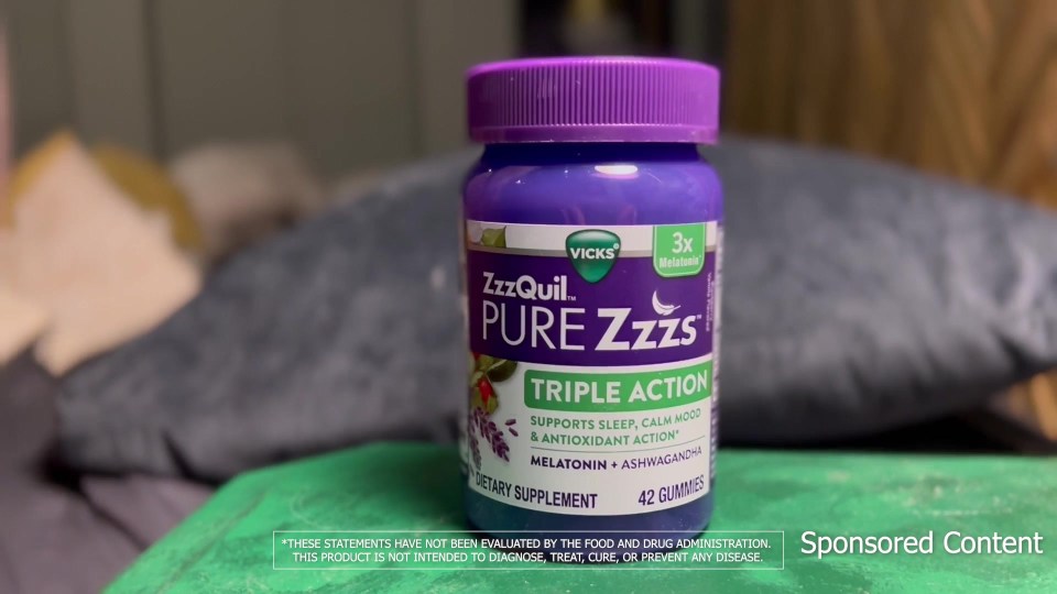 thumbnail video image 3 of ZzzQuil PURE Zzzs Melatonin Triple Action with Ashwagandha, Melatonin 6mg, 42 Gummies, 3 of 12
