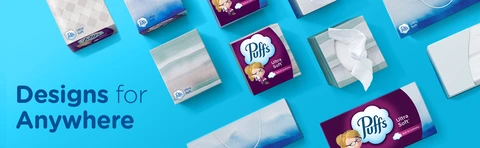 Multiple Puffs Ultra Soft Boxes on a counter. Image reads "Designs for Anywhere"