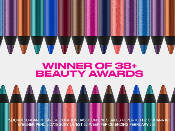 Several Urban Decay 24/7 Eyeliners lined up with text that states winner of 38+ beauty awards.