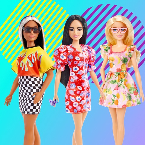 Barbie Fashionistas Doll, with Long Black Hair & Color Block Floral Dress  with Puffed Sleeves, Strappy Purple Heels, Butterfly Ring, Toy for Kids 3  to