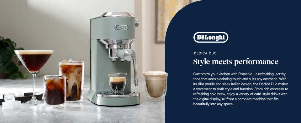 thumbnail video image 2 of De’Longhi Dedica Duo Espresso Machine, Compact Size with Built in Frother for Latte Art, Brew Espresso, Cold Brew, Lattes & More, Pistachio, 2 of 13