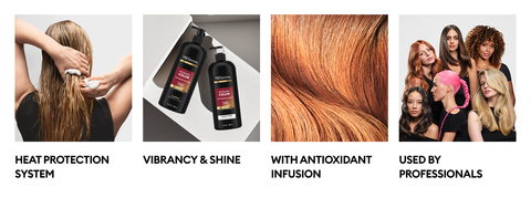 Woman applying product, TRESemmé bottles, color close-up, &amp; diverse models with vibrant looks.