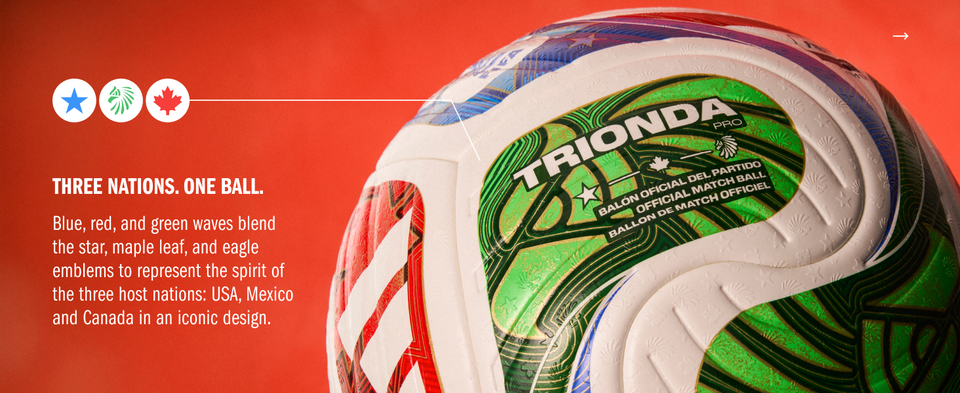 Three Nations. One Ball. Blue, red, and green waves blend the star, maple leaf, and eagle emblems to represent the spirit of the three host nations: USA, Mexico and Canada in an iconic design.