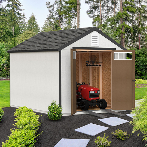 Everley 8x10 shed image with doors open with riding mower in backyard