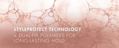 Text about styleprotect technology, extra hold &amp; medium-hold on top of abstract formula visuals.