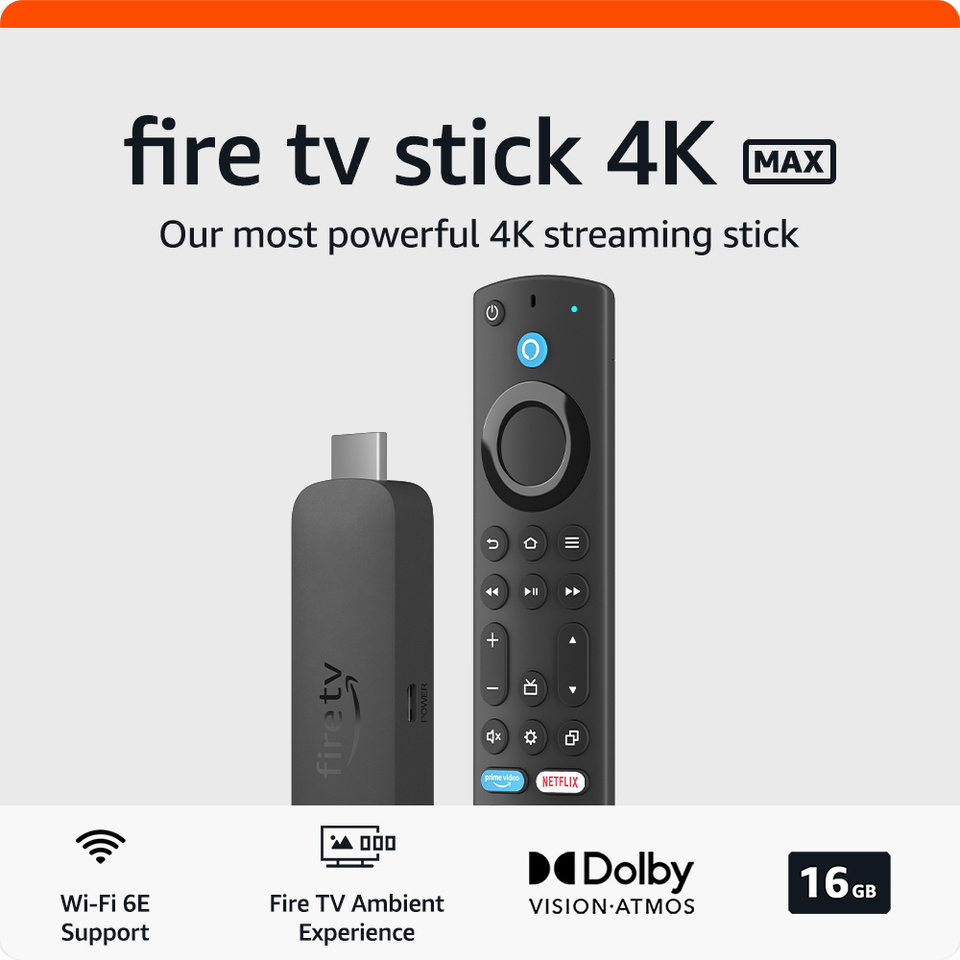 Amazon Fire TV Stick 4K Max streaming device, supports Wi-Fi 6E