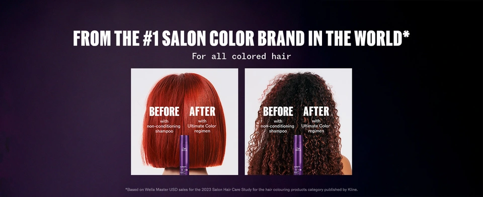 Before and after of results from using Ultimate Color shampoo, conditioner, and leave-in mask. Hair is visibly more vibrant, smoother, shinier, and healthier-looking.