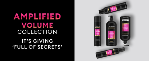 Text on a black backdrop next to a full range of TRESemmé product bottles.