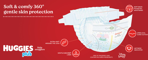 Huggies Little Snugglers Plus newborn diapers are made with 360-degree gentle skin protection to help improve your baby’s skin health