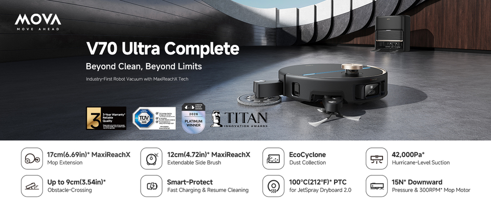 thumbnail video image 2 of MOVA V70 Ultra Complete Robot Vacuum and Mop, 42kPa Suction, 17cm Mop Extension, 12cm Side Extension, Bagless Dust Tank, Automatic Drying, 2 of 9