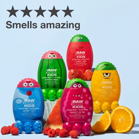 stack of various raw sugar kids products with fruit that smell amazing