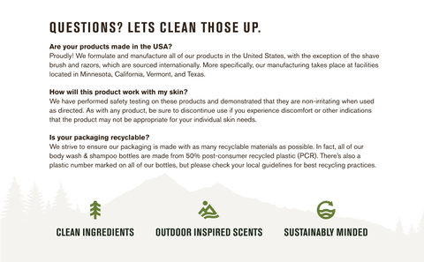 Every Man Jack products: Made in the USA, recyclable packaging, clean ingredients, sustainable.