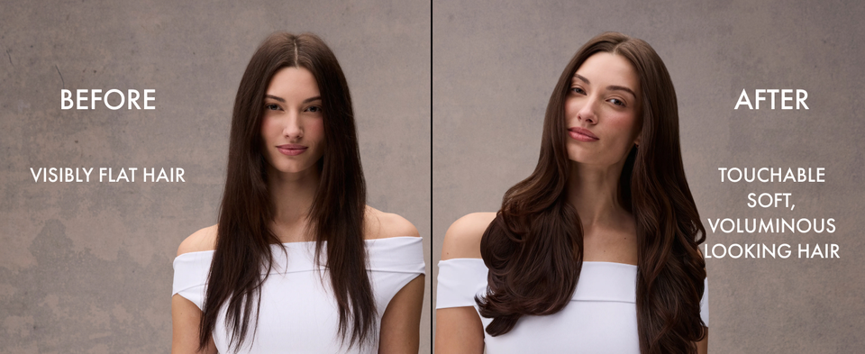 Two pictures of the same woman with her hair going from flat to touchable soft and voluminous.