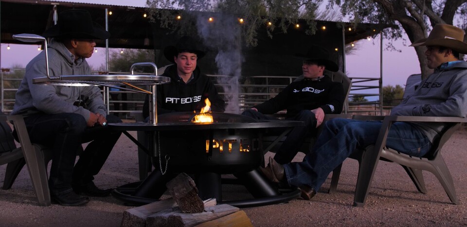 thumbnail video image 2 of Pit Boss Cowboy Fire Pit with Adjustable Cooking Grate and Wraparound Shelf, 2 of 13
