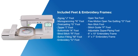 Image of NQ3550W on white & blue background, list of Included Feet & Embroidery Frames: ∙ Zigzag “J” Foot ∙ Monogramming “N” Foot ∙ Overcasting “G” Foot ∙ Zipper “I” Foot ∙ Buttonhole “A” Foot ∙ Blind Stitch “R” Foot ∙ Button Fitting “M” Foot ∙ Embroidery “U” Foot ∙ Open Toe Foot ∙ Free-Motion Open Toe Quilting “O” Foot ∙ Non-Stick Foot ∙ Stitch Guide “P” Foot ∙ Adjustable Zipper/Piping Foot ∙ 6