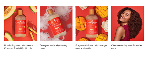 SheaMoisture bottles with fruit, bubbles &amp; woman with hydrated, defined curls against red backdrop.
