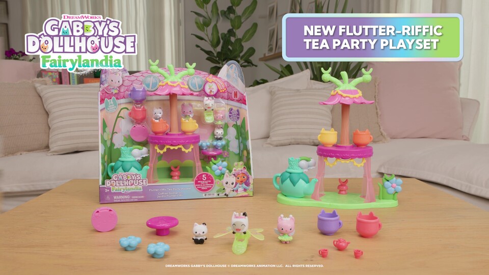 thumbnail video image 2 of Gabby's Dollhouse Fairylandia Flutter-Riffic Tea Party Playset, Ages 3+, 2 of 11