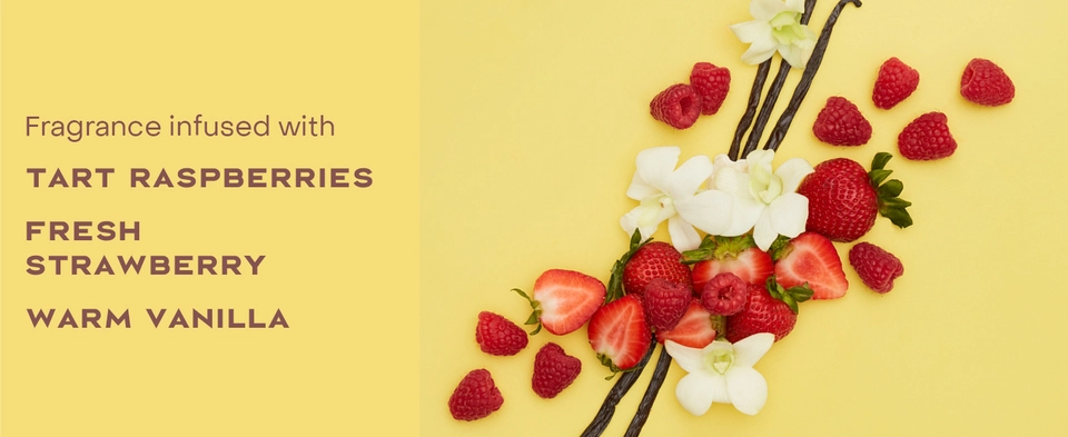 Image fragrance ingredients like tart raspberries, fresh strawberries &amp; warm vanilla.