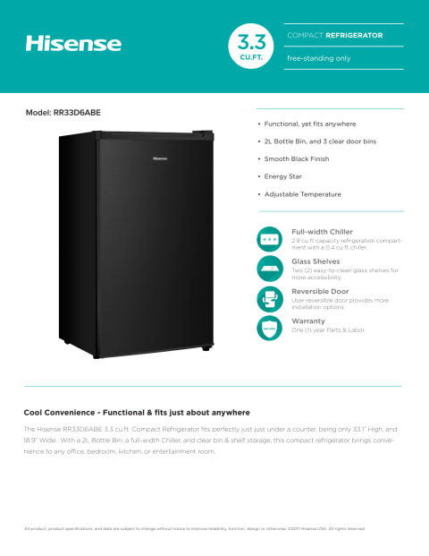 Hisense 3.3 Cu Ft Single Door Mini Fridge RR33D6ABE, Black - Walmart