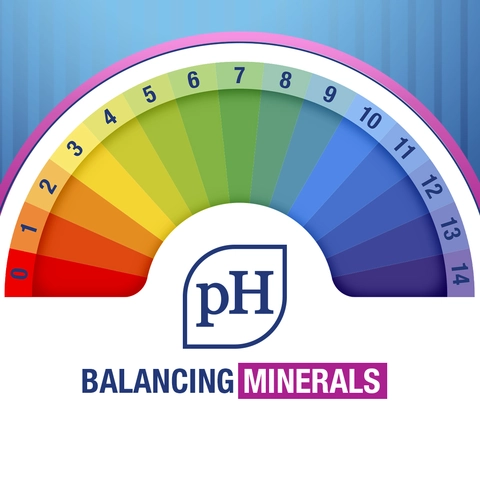 A rainbow-colored half-wheel scale from 0 to 14. Tagline: pH-Balancing minerals.	