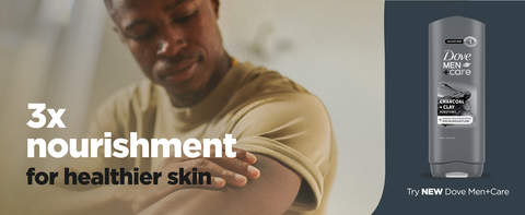 Headline talking about 3x nourishment for healthier skin, next to the product &amp; a man applying it.