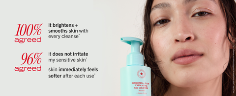 Customer studies next to woman making eye contact with camera, holding cleanser