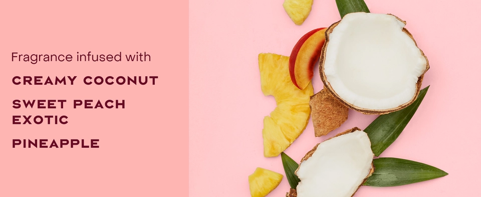 Image of fragrance ingredients like Creamy coconut, Sweet Peach Exotic, Pineapple