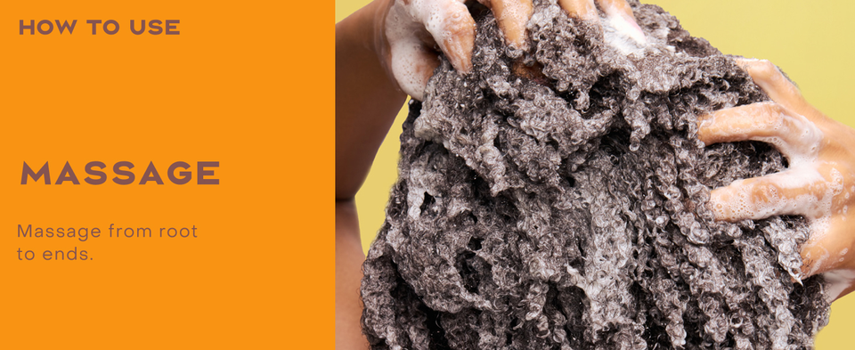 Image of a woman massaging her wet curly hair covered in shampoo, next to massaging instructions.