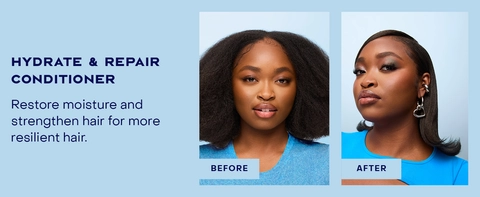 2 images of the same woman before &amp; after applying our treatment for healthy-looking hair.