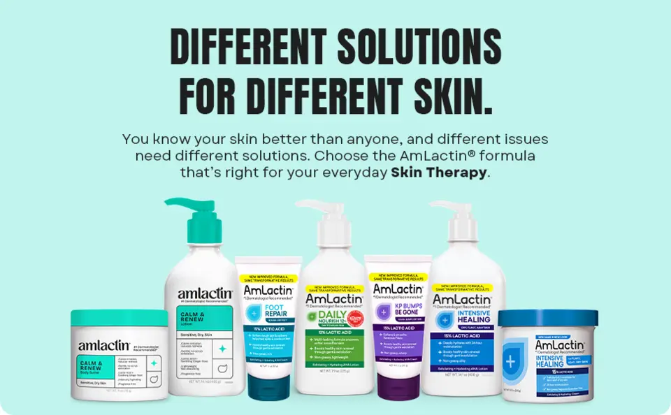 Full assortment of Amlactin products on a teal background