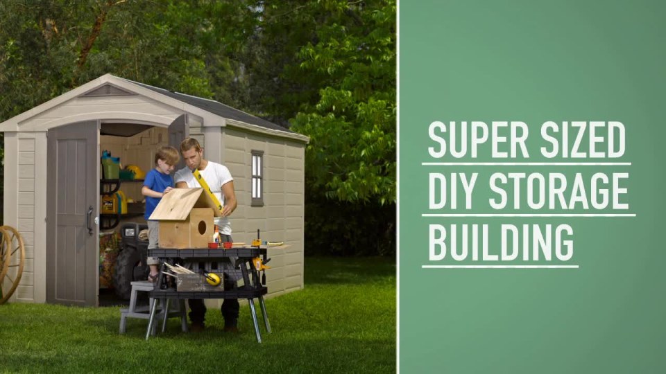 thumbnail video image 2 of Keter Factor 8 x 11 Foot All Weather Resin Outdoor Storage Shed, Taupe, 2 of 8