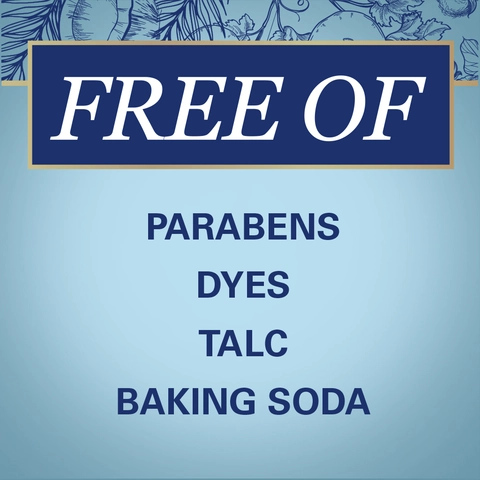 free of parabens, dyes, talc, and baking soda